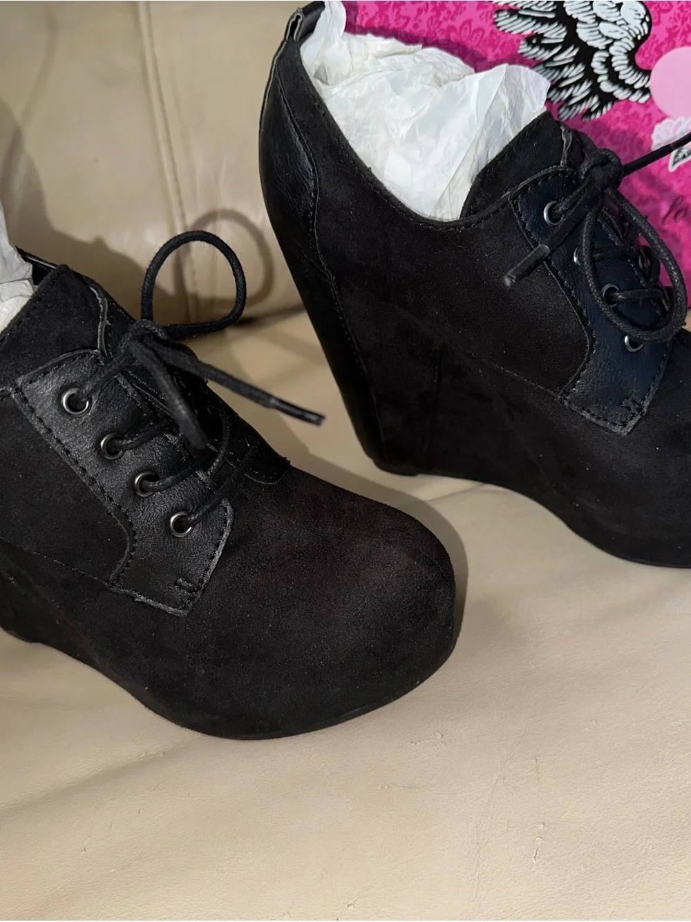 Penny Loves Kenny Mora Black Wedge Lace-Up Ankle Booties NIB